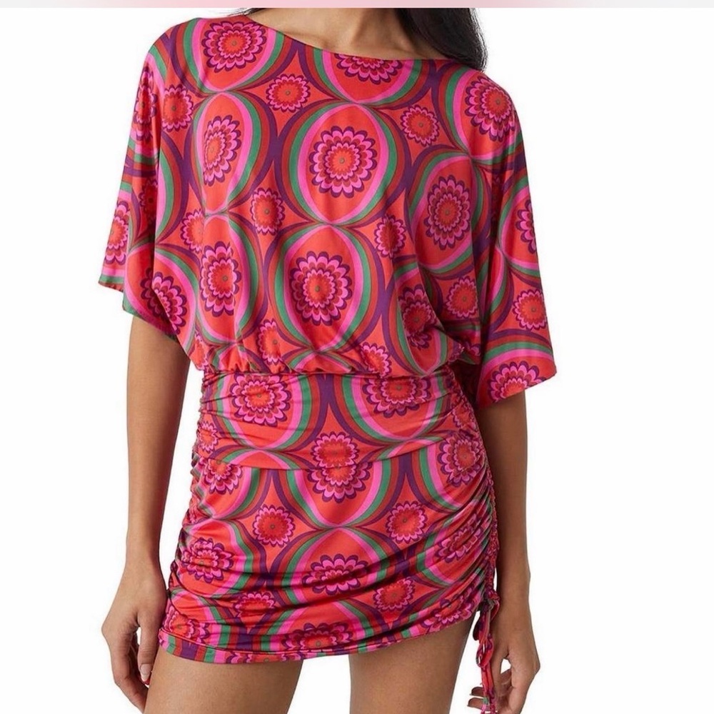 MISA Lotta Mini Bright Pink & Green Floral Ruched Dress